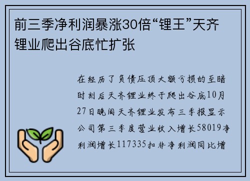 前三季净利润暴涨30倍“锂王”天齐锂业爬出谷底忙扩张