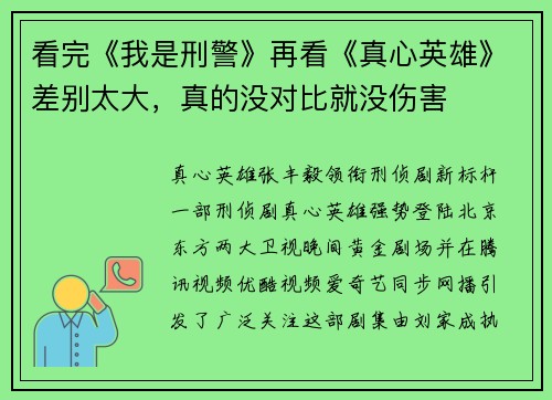 看完《我是刑警》再看《真心英雄》差别太大，真的没对比就没伤害
