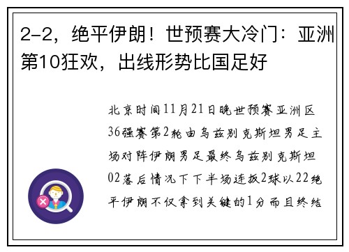 2-2，绝平伊朗！世预赛大冷门：亚洲第10狂欢，出线形势比国足好