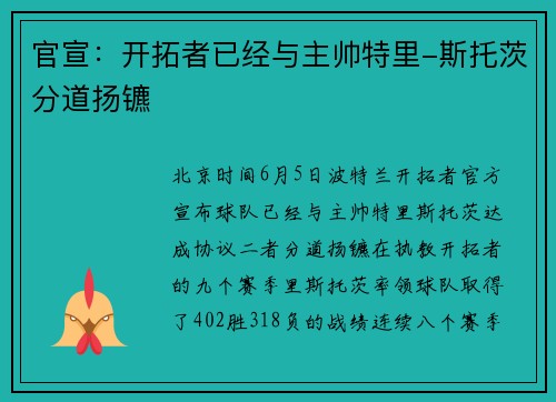 官宣：开拓者已经与主帅特里-斯托茨分道扬镳