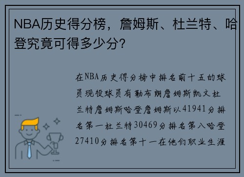NBA历史得分榜，詹姆斯、杜兰特、哈登究竟可得多少分？