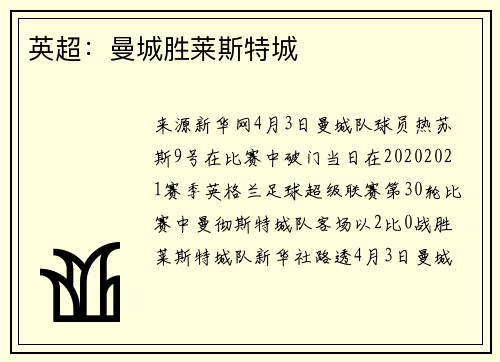 英超：曼城胜莱斯特城